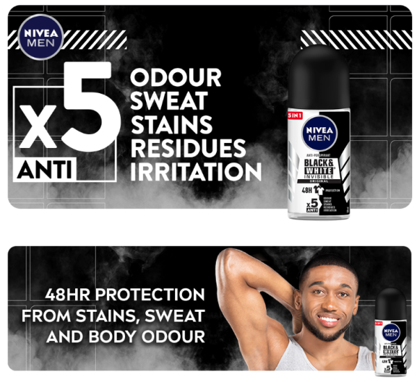 NIVEA Black & White Invisible Original Anti-Perspirant Roll-on For Men, 48h - 50ml (Pack Of 3) - Image 4